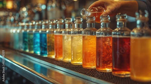 A bartender carefully pours vibrant liquids from glass bottles into a cocktail shaker, creating a vivid array of drinks in a busy bar setting at night