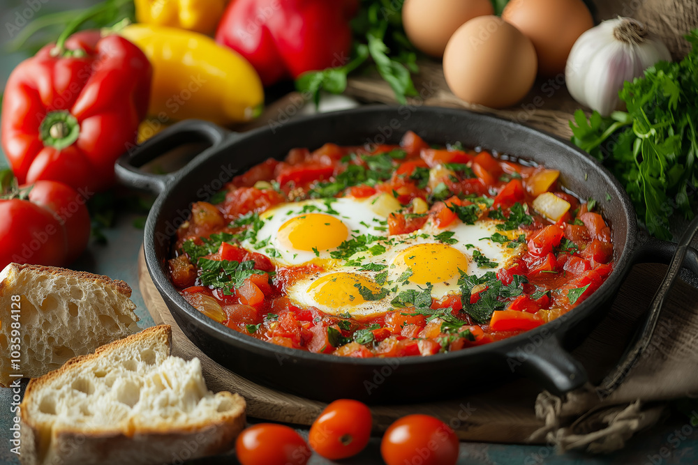 Shakshouka with Poached Eggs in Spicy Tomato and Bell Pepper Sauce Shakshouka with Poached Eggs in Spicy Tomato and Bell Pepper Sauce