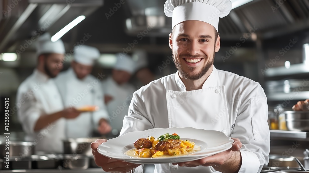 The cheerful chef showcases an artfully plated dish while smiling in a lively restaurant kitchen filled with fellow cooks preparing meals for hungry patrons The cheerful chef showcases an artfully plated dish while smiling in a lively restaurant kitchen filled with fellow cooks preparing meals for hungry patrons