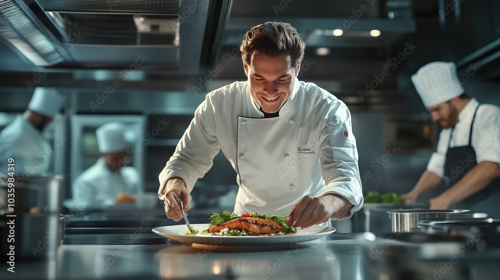 In a vibrant restaurant kitchen, a joyful chef carefully plates a beautifully garnished salmon dish, showcasing his culinary skills while the kitchen buzzes with activity In a vibrant restaurant kitchen, a joyful chef carefully plates a beautifully garnished salmon dish, showcasing his culinary skills while the kitchen buzzes with activity