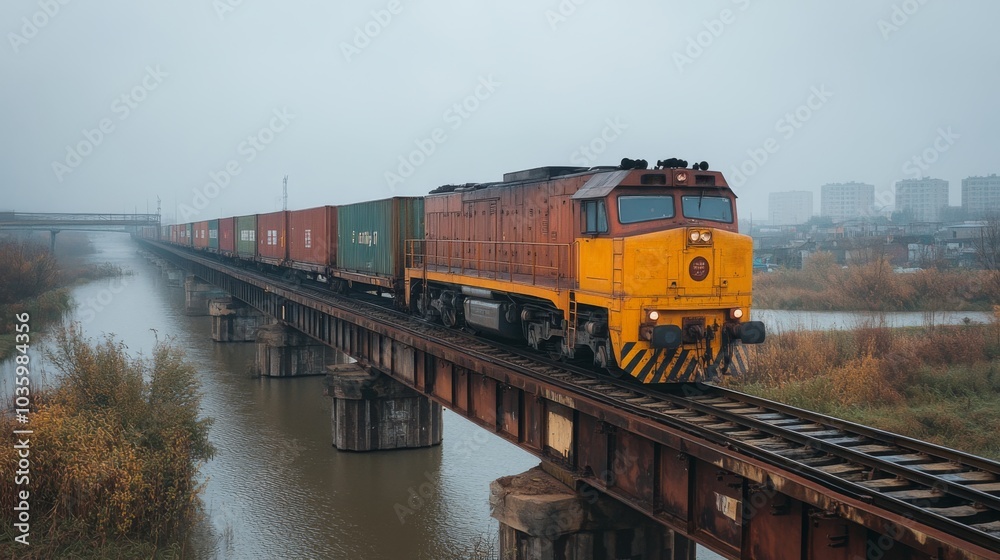 A yellow freight train crosses a bridge over a river, transporting colorful container cars. The fog creates a mysterious atmosphere as the train moves smoothly. A yellow freight train crosses a bridge over a river, transporting colorful container cars. The fog creates a mysterious atmosphere as the train moves smoothly.