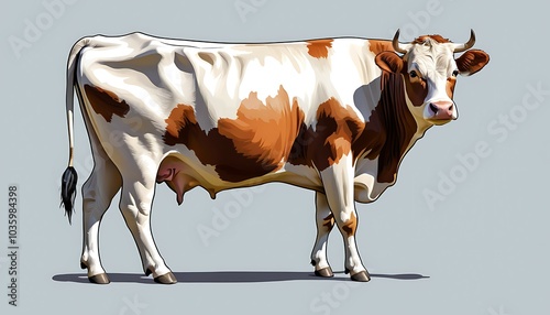 Real cow red and white color body animal  real or illustration art image, background solid color. ganarated by ai image. photo