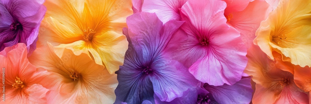 A captivating close-up of a floral tapestry showcasing a vibrant symphony of pink, yellow, and purple hues. Each petal is a masterpiece of delicate texture, symbolizing beauty, grace, and the ephemera A captivating close-up of a floral tapestry showcasing a vibrant symphony of pink, yellow, and purple hues. Each petal is a masterpiece of delicate texture, symbolizing beauty, grace, and the ephemera