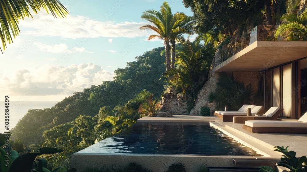 View of Bright tropical residence with a panoramic balcony and ocean views ...