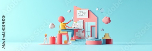 A charming 3D cartoon illustration of an architect working at a desk, surrounded by colorful objects and clouds, symbolizing creativity, design, imagination, and inspiration.
