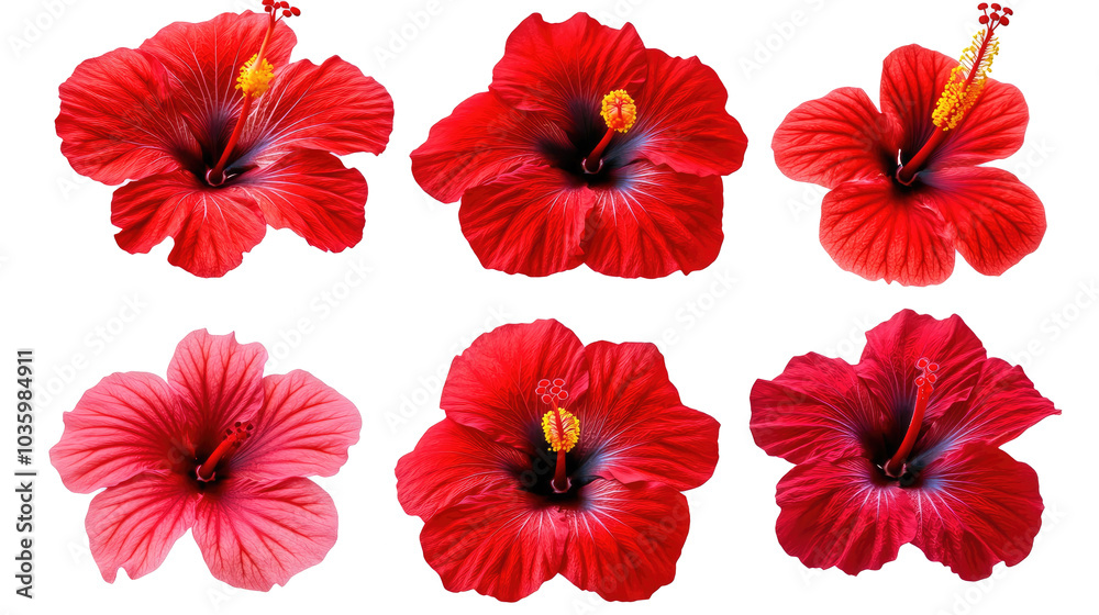 Four Red Hibiscus Flowers on Transparent Background Generative AI Four Red Hibiscus Flowers on Transparent Background Generative AI