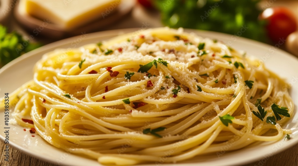A delicious plate of spaghetti aglio e olio with garlic, olive oil, and red pepper flakes A delicious plate of spaghetti aglio e olio with garlic, olive oil, and red pepper flakes