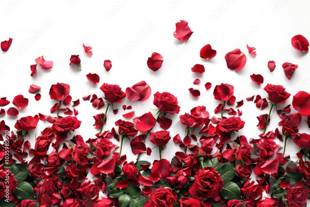Red roses and rose petals isolated on white. Red roses and rose petals isolated on white.
