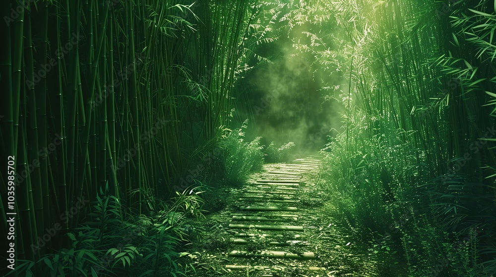 Obraz premium A winding path through a dense bamboo forest