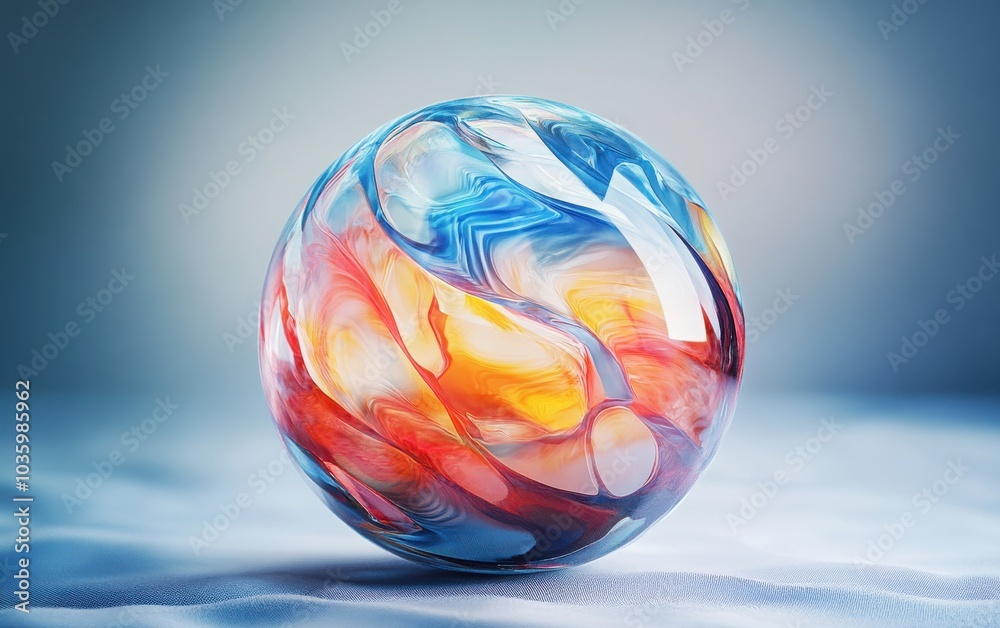 A detailed 3D render of a glass ball with a dynamic multicolored pattern A detailed 3D render of a glass ball with a dynamic multicolored pattern