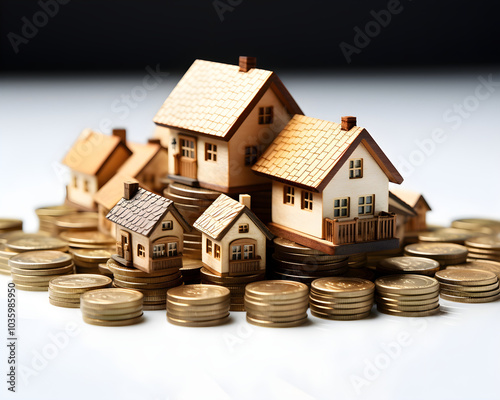 house model and coins on white background. real estate and investment concept.