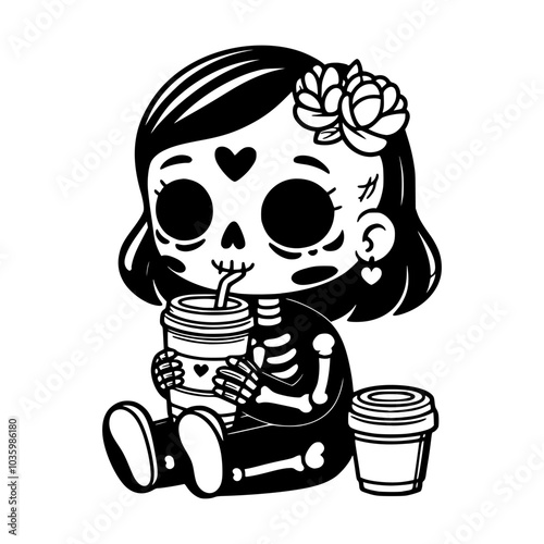 Cute vector illustration of a skeleton-themed girl with a flower in her hair, sipping from a cup, blending spooky and cozy elements.