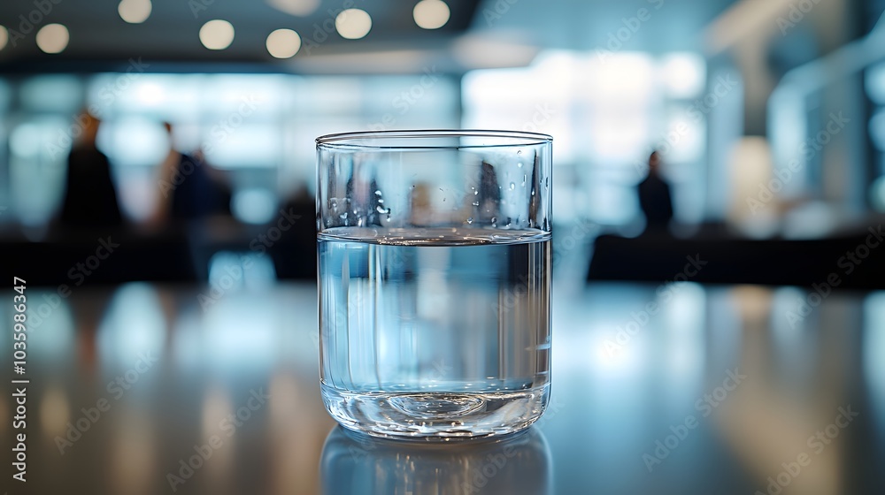 Glass water bottle on wooden table in modern office Glass water bottle on wooden table in modern office