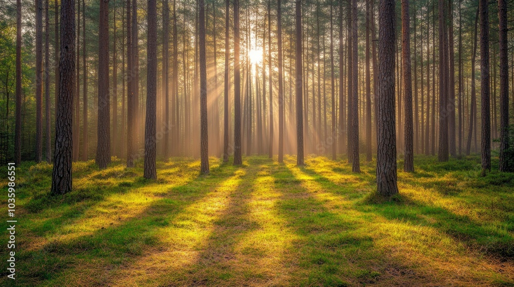 Fototapeta premium Sunbeams in a Pine Forest