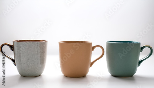 Three vintage ceramic coffee mugs on side position provides copy space for text. background concept isolated white photo