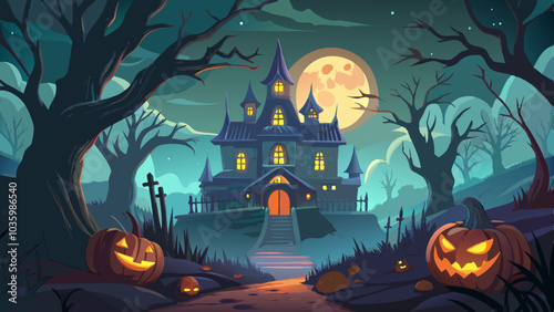 Spooky haunted house under full moon in eerie night landscape with bare trees.