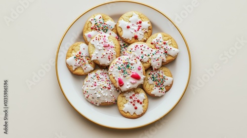 A plate of cookies with white icing and sprinkles