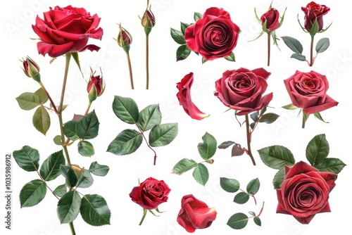 set of red rose flowers isolated