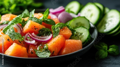 This image showcases a vibrant summer salad featuring juicy watermelon, cucumbers, red onions, and mint, crafted to deliver freshness and aesthetic appeal.