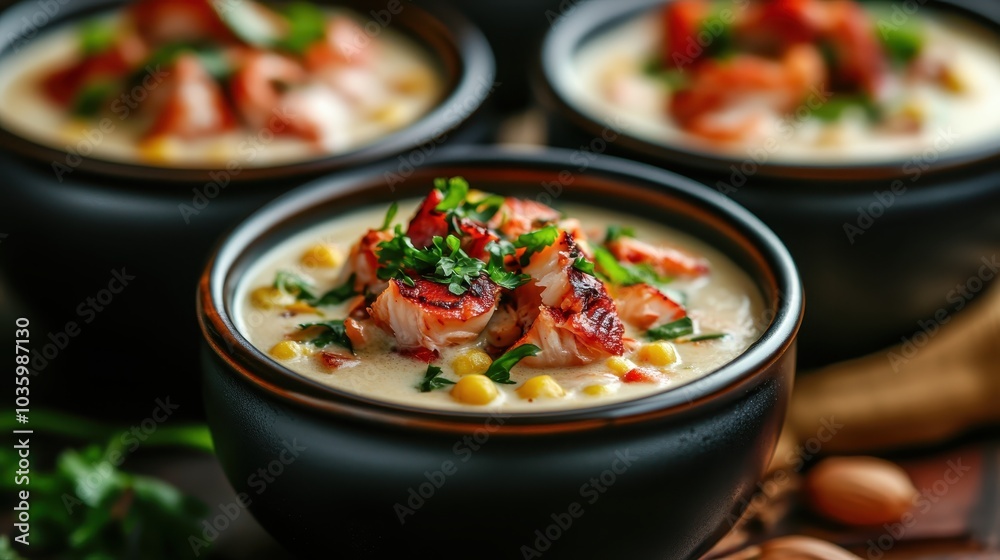 A rich and flavorful lobster chowder topped with fresh herbs, served in a black bowl. The dish is garnished with chunks of lobster and sweet corn. A rich and flavorful lobster chowder topped with fresh herbs, served in a black bowl. The dish is garnished with chunks of lobster and sweet corn.