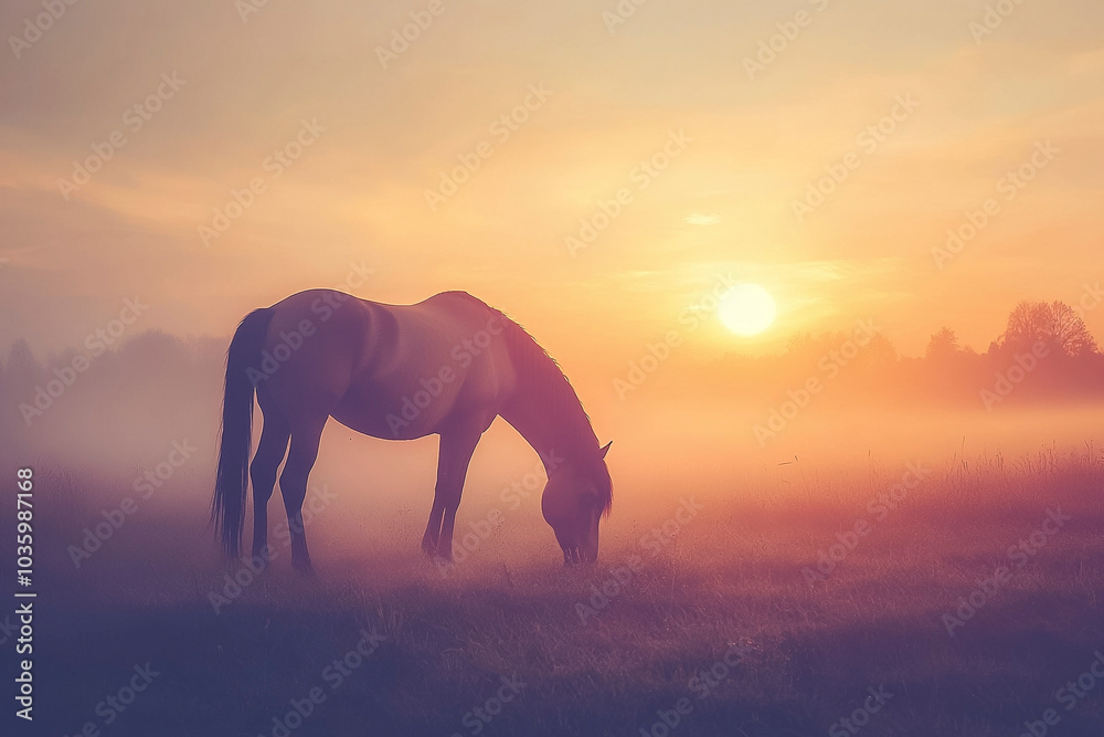  Grazing Horse in the Countryside with Sunrise