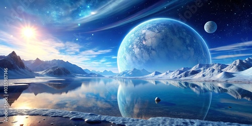 Alien Planet's Reflection, Digital Painting, Mountainous Landscape, Blue Sky, Water Reflection, Alien World, Exoplanet