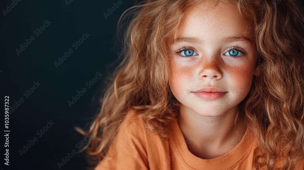 A young girl with striking blue eyes and freckles set against a dark background, wearing a simple orange shirt, conveying an aura of innocence and curiosity. A young girl with striking blue eyes and freckles set against a dark background, wearing a simple orange shirt, conveying an aura of innocence and curiosity.