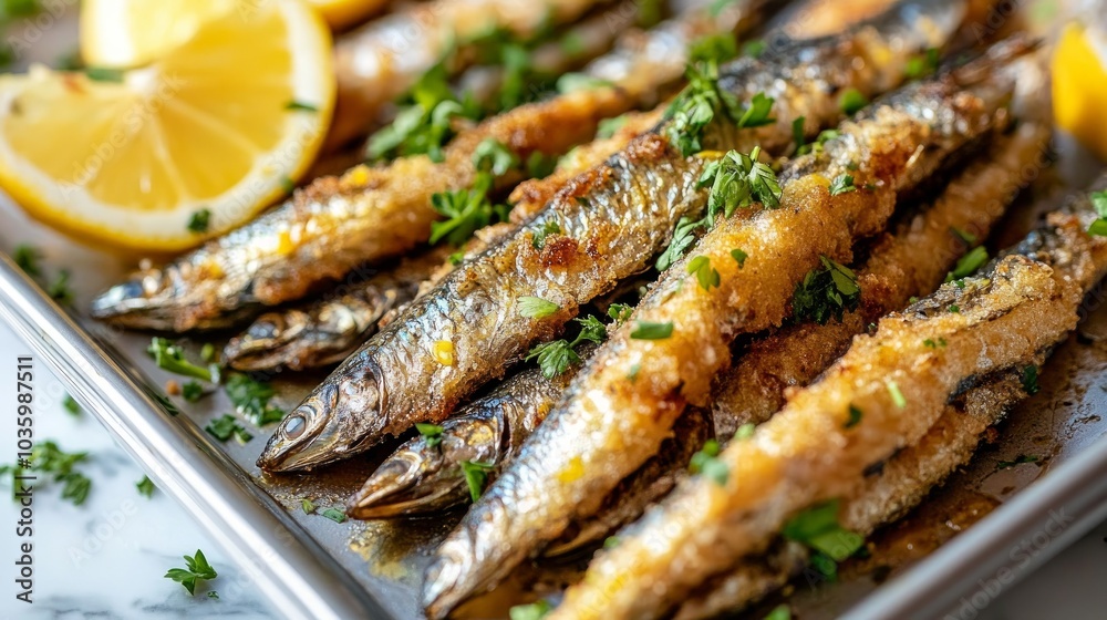 Top view of tasty fried anchovies with juicy lemon piece and chopped parsley on tray against savory sauce. Top view of tasty fried anchovies with juicy lemon piece and chopped parsley on tray against savory sauce.