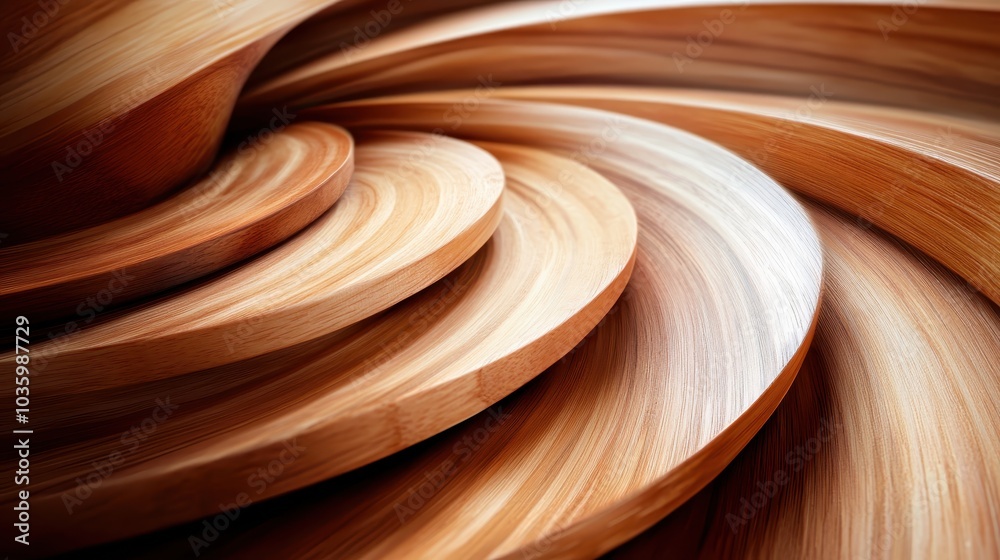 The image showcases a beautiful abstract design with smoothly curved wooden surfaces creating an intricate circular pattern that emphasizes fluidity and movement. The image showcases a beautiful abstract design with smoothly curved wooden surfaces creating an intricate circular pattern that emphasizes fluidity and movement.