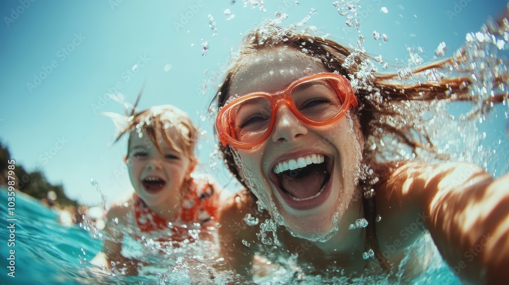 Fototapeta premium A delightful underwater snapshot capturing a mother and child wearing red goggles, smiling joyfully amidst the clear blue waters on a sunny day.
