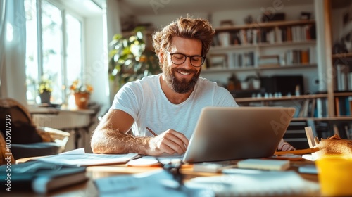 A man with glasses is smiling while studying with a laptop in a bright, plant-filled home office, emphasizing happiness, learning, and modern living.