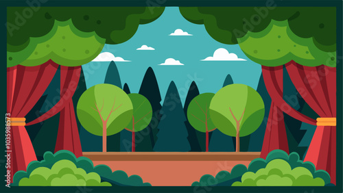 Lush trees and bushes line the back of the stage creating a natural backdrop for performances.
