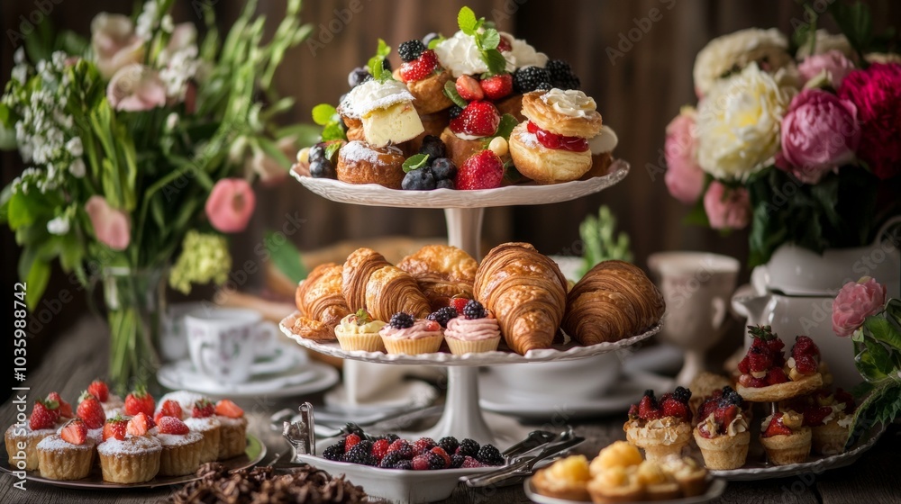 A delightful assortment of French pastries including croissants, pain au chocolat, and fruit tarts A delightful assortment of French pastries including croissants, pain au chocolat, and fruit tarts