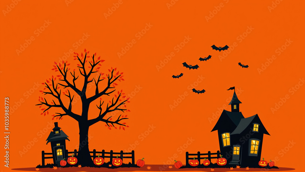 Halloween pumpkin with bats, candle and tree with ghost house creepy night Halloween pumpkin with bats, candle and tree with ghost house creepy night