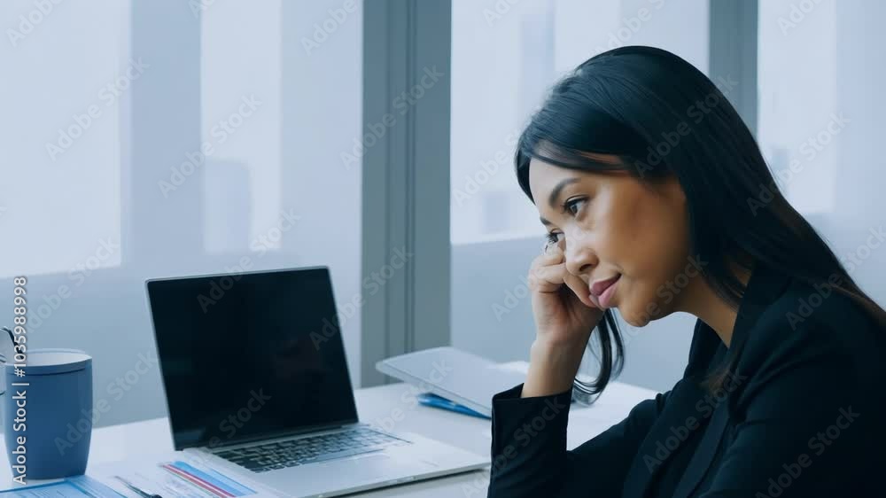Young woman working intently on a laptop, deep in thought. The modern office setting reflects concentration, productivity, and focus. Young woman working intently on a laptop, deep in thought. The modern office setting reflects concentration, productivity, and focus.