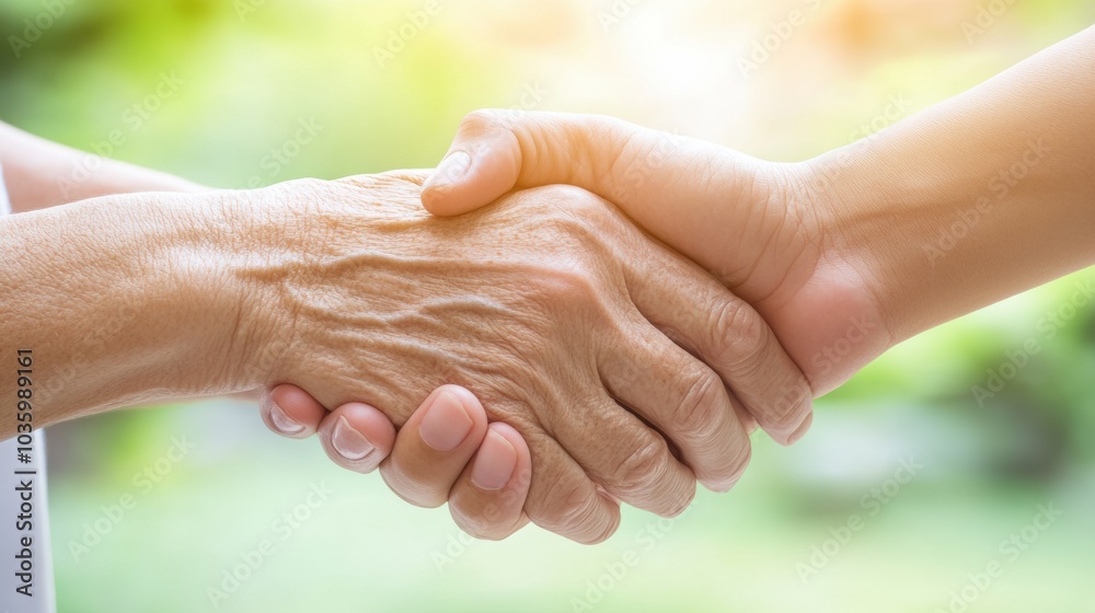 A young hand gently shakes an elderly hand, symbolizing connection and support, AI A young hand gently shakes an elderly hand, symbolizing connection and support, AI