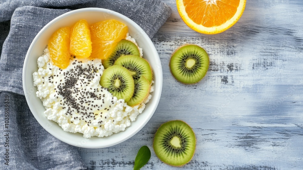 Top view of well-balanced breakfast setting featuring a white bowl with cottage cheese, natural yogurt, and chia seeds, accompanied by kiwi and sicilian orange slices. Top view of well-balanced breakfast setting featuring a white bowl with cottage cheese, natural yogurt, and chia seeds, accompanied by kiwi and sicilian orange slices.