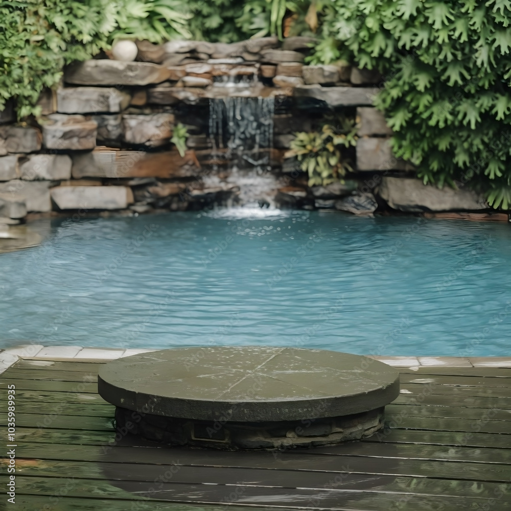 Stone Podium on Wooden Floor with Tropical Waterfall Backdrop. Perfect for Product Mockups Stone Podium on Wooden Floor with Tropical Waterfall Backdrop. Perfect for Product Mockups