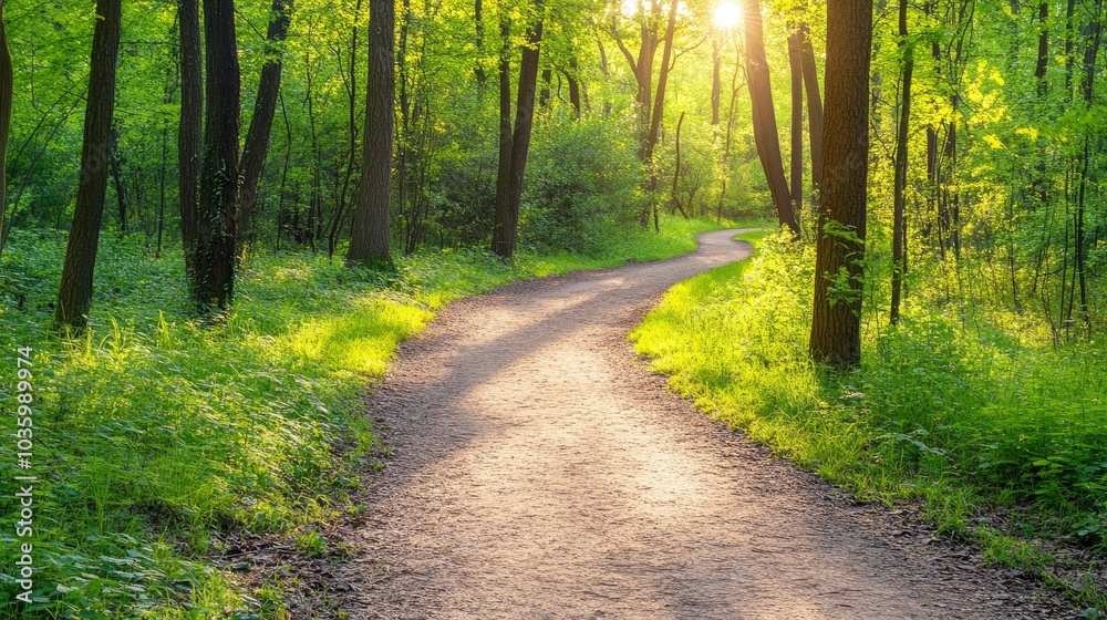Obraz premium Sunlit Path Through a Green Forest