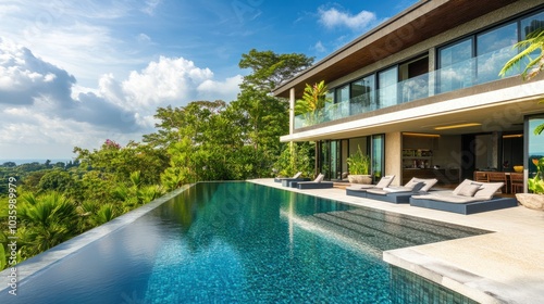 Modern tropical villa with infinity pool overlooking lush green landscape.