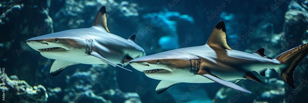 Fototapeta premium Two Sharks Swimming Underwater: A Close-Up View