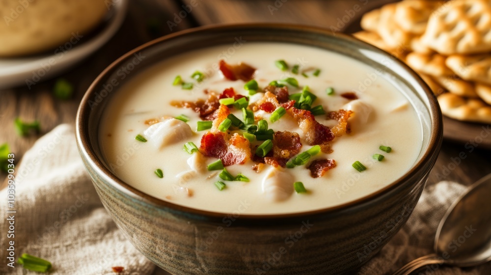 A delightful bowl of creamy clam chowder garnished with crispy bacon bits and chopped chives, Chowder bowl placed off-center, Soft diffused light for a cozy feel A delightful bowl of creamy clam chowder garnished with crispy bacon bits and chopped chives, Chowder bowl placed off-center, Soft diffused light for a cozy feel