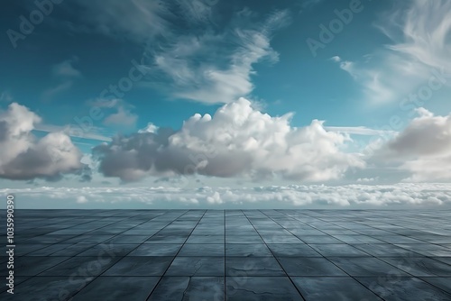 Wooden floor and blue sky with white clouds. 3d rendering