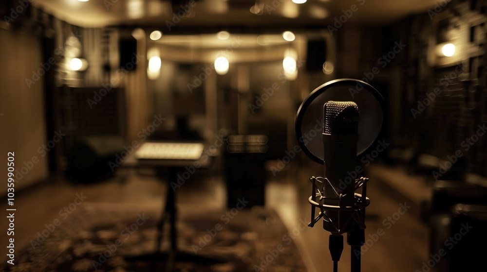 Close-up of microphone on stand in soundproof recording studio, positioned in front of script stand, symbolizing voice acting and audio production. Close-up of microphone on stand in soundproof recording studio, positioned in front of script stand, symbolizing voice acting and audio production.