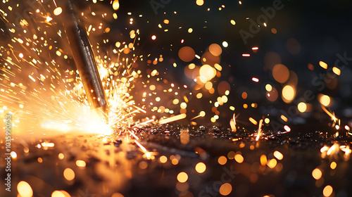 Close-up of a welding torch with sparks flying off the metal.
