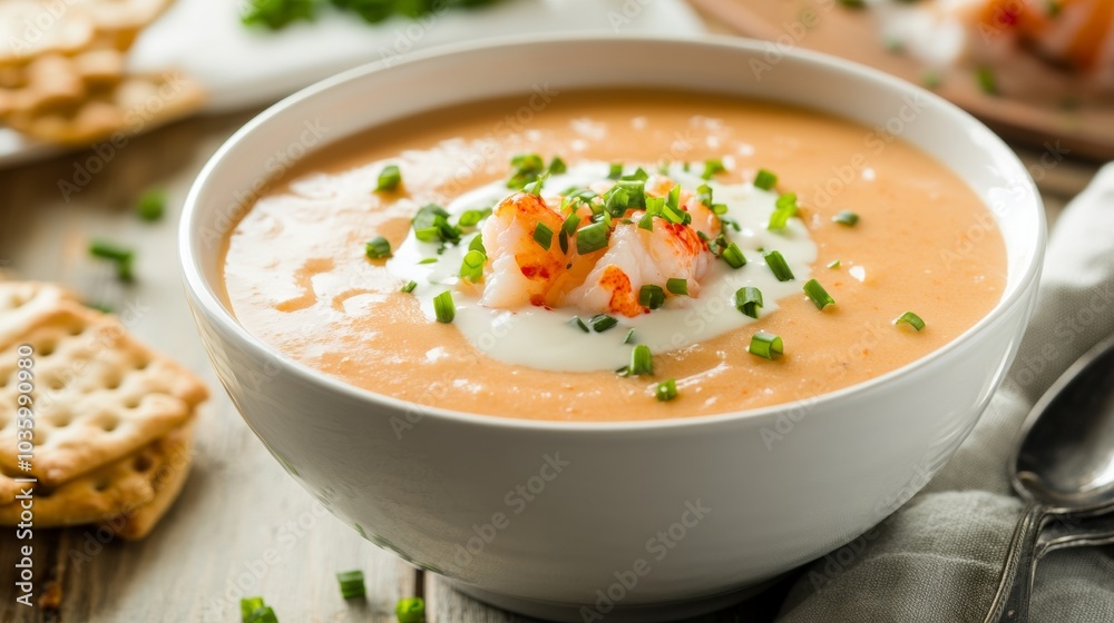 A delightful bowl of lobster bisque garnished with a drizzle of cream and chopped chives, Lobster bisque bowl centered, Soft natural lighting accentuating the richness A delightful bowl of lobster bisque garnished with a drizzle of cream and chopped chives, Lobster bisque bowl centered, Soft natural lighting accentuating the richness