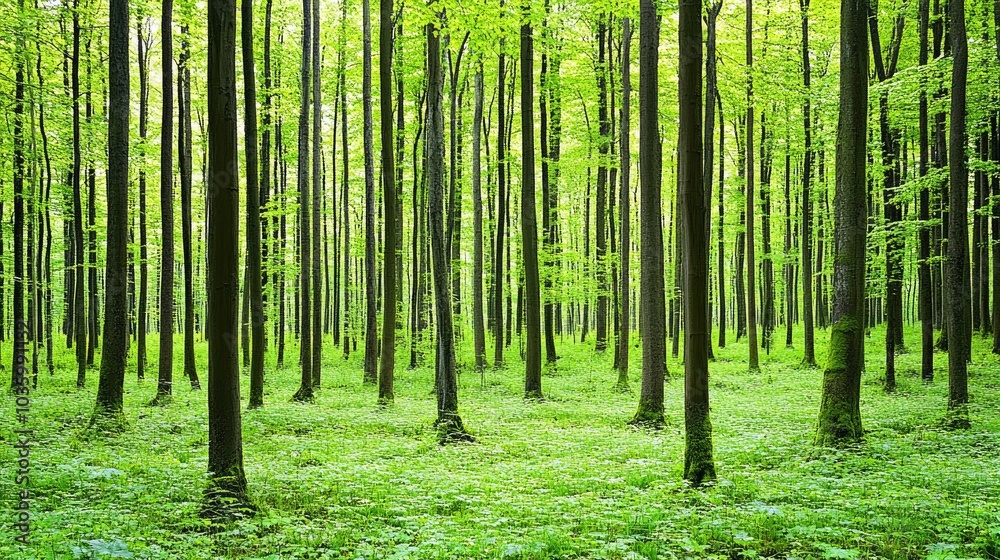 Fototapeta premium Lush Green Forest With Sunlight Filtering Through Canopy