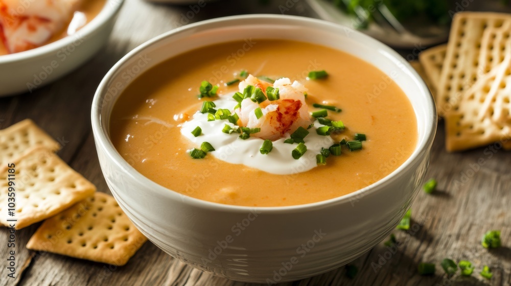 A delightful bowl of lobster bisque garnished with a drizzle of cream and chopped chives, Lobster bisque bowl centered, Soft natural lighting accentuating the richness A delightful bowl of lobster bisque garnished with a drizzle of cream and chopped chives, Lobster bisque bowl centered, Soft natural lighting accentuating the richness