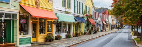 A quaint and vibrant small town street lined with colorful shops, showcasing the charm and appeal of a close-knit community. The scene is brimming with warmth, inviting visitors to explore its unique  photo