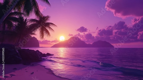 Purple Sunset beach palm Landscape. The tranquil allure of a pristine Thai beach photo